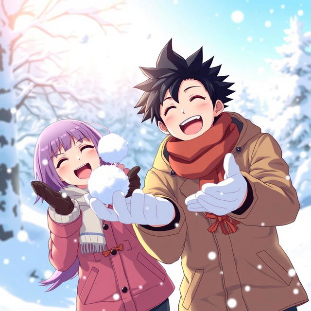 A lively scene of a man with black spiky hair and a woman with short purple hair joyfully playing in a snowy landscape