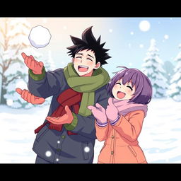 A lively scene of a man with black spiky hair and a woman with short purple hair joyfully playing in a snowy landscape