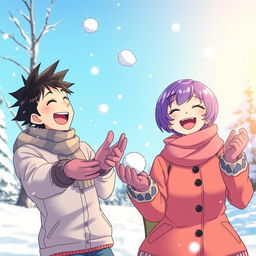 A lively scene of a man with black spiky hair and a woman with short purple hair joyfully playing in a snowy landscape