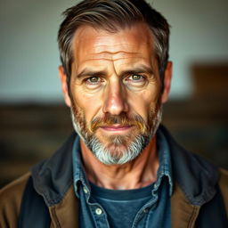 A portrait of a 54-year-old man with a rugged appearance, featuring a well-groomed short beard