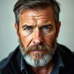 A portrait of a 54-year-old man with a rugged appearance, featuring a well-groomed short beard