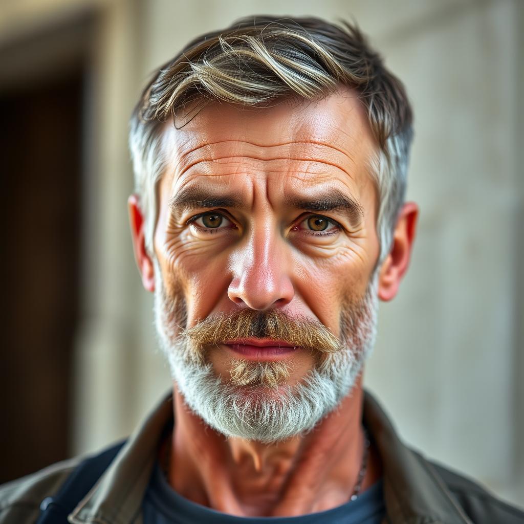 A portrait of a 54-year-old man with a rugged appearance, featuring a well-groomed short beard