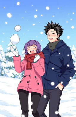 A man with black spiky hair and a woman with short purple hair joyfully playing in the snow