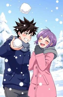 A man with black spiky hair and a woman with short purple hair joyfully playing in the snow