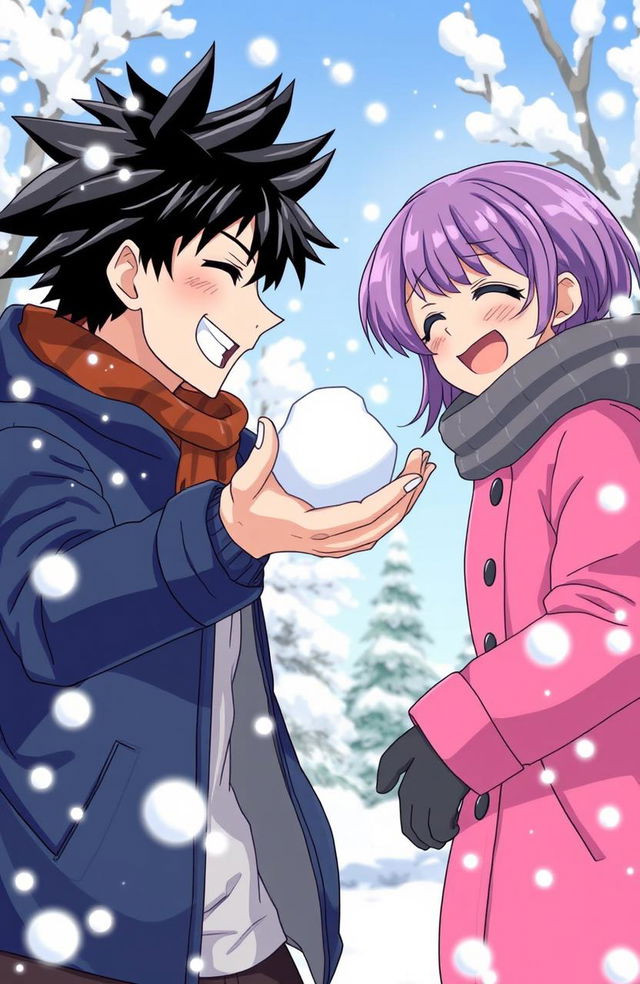 A man with black spiky hair and a woman with short purple hair joyfully playing in the snow