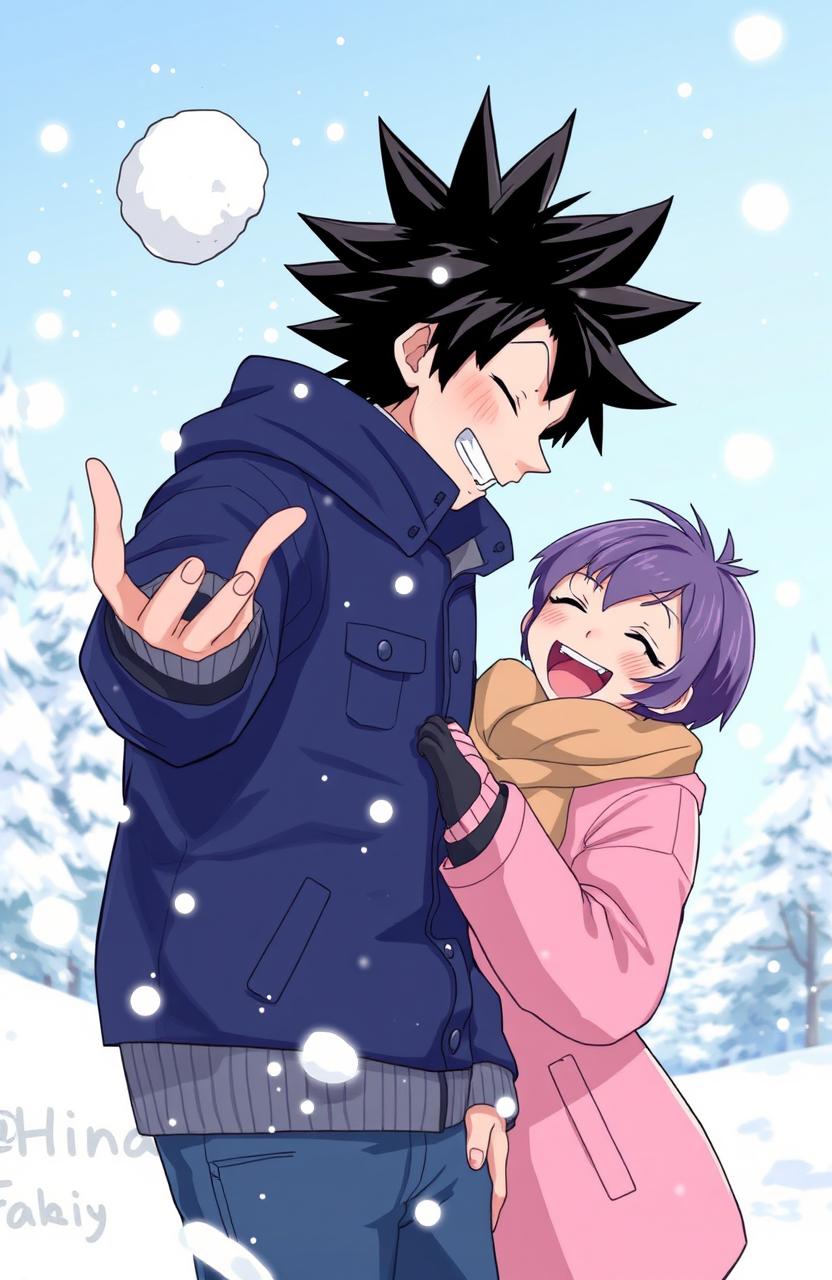 A man with black spiky hair and a woman with short purple hair joyfully playing in the snow