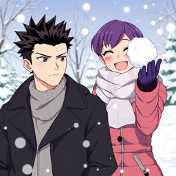 A serious man with black spiky hair and a playful woman with short purple hair enjoying a snowy day together