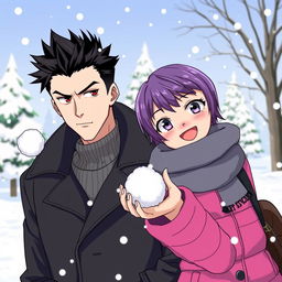 A serious man with black spiky hair and a playful woman with short purple hair enjoying a snowy day together