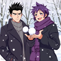 A serious man with black spiky hair and a playful woman with short purple hair enjoying a snowy day together