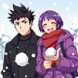 A serious man with black spiky hair and a playful woman with short purple hair enjoying a snowy day together