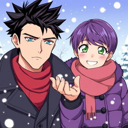 A serious man with blue eyes and black spiky hair, alongside a playful woman with short purple hair and striking green eyes, enjoying a snowy day