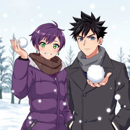 A serious man with blue eyes and black spiky hair, alongside a playful woman with short purple hair and striking green eyes, enjoying a snowy day