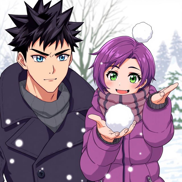 A serious man with blue eyes and black spiky hair, alongside a playful woman with short purple hair and striking green eyes, enjoying a snowy day