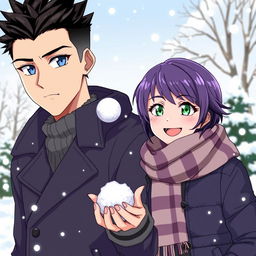 A serious man with blue eyes and black spiky hair, alongside a playful woman with short purple hair and striking green eyes, enjoying a snowy day