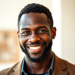 A portrait of a 48-year-old handsome black man with an engaging smile and confident demeanor