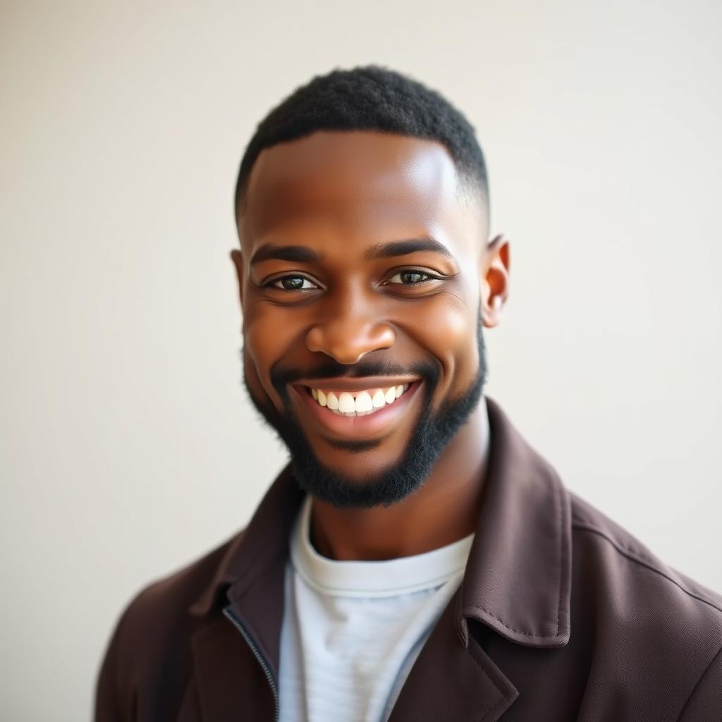 A portrait of a 48-year-old handsome black man with an engaging smile and confident demeanor