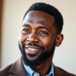 A portrait of a 48-year-old handsome black man with an engaging smile and confident demeanor