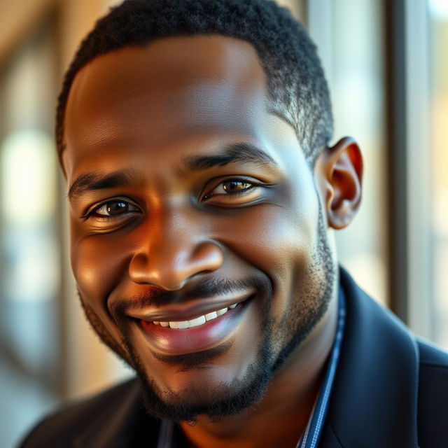 A portrait of a 48-year-old handsome black man with an engaging smile and confident demeanor