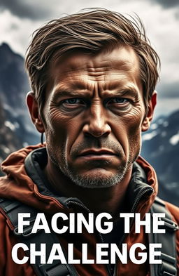 A dramatic and powerful portrait of a determined individual facing a challenging environment, showcasing a strong expression of willpower and resilience