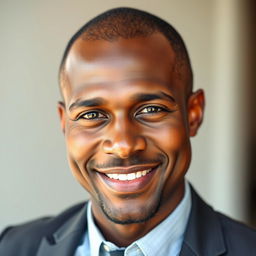 A portrait of a 48-year-old handsome black man who is clean-shaven