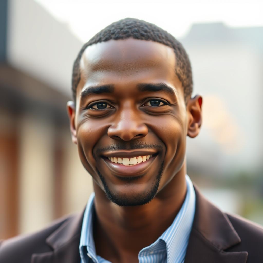 A portrait of a 48-year-old handsome black man who is clean-shaven