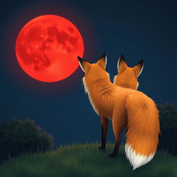 A beautiful illustration of a fox seen from behind, looking up at a red moon in the night sky