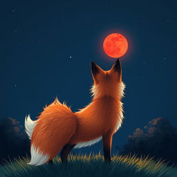 A beautiful illustration of a fox seen from behind, looking up at a red moon in the night sky