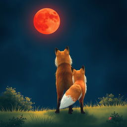 A beautiful illustration of a fox seen from behind, looking up at a red moon in the night sky