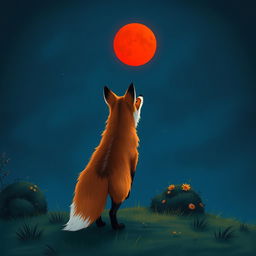A beautiful illustration of a fox seen from behind, looking up at a red moon in the night sky