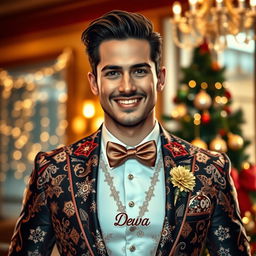 A handsome Western-style man wearing an elegant suit with a Christmas theme