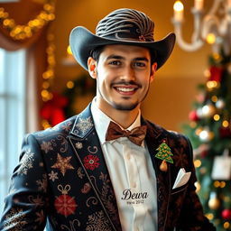 A handsome Western-style man wearing an elegant suit with a Christmas theme