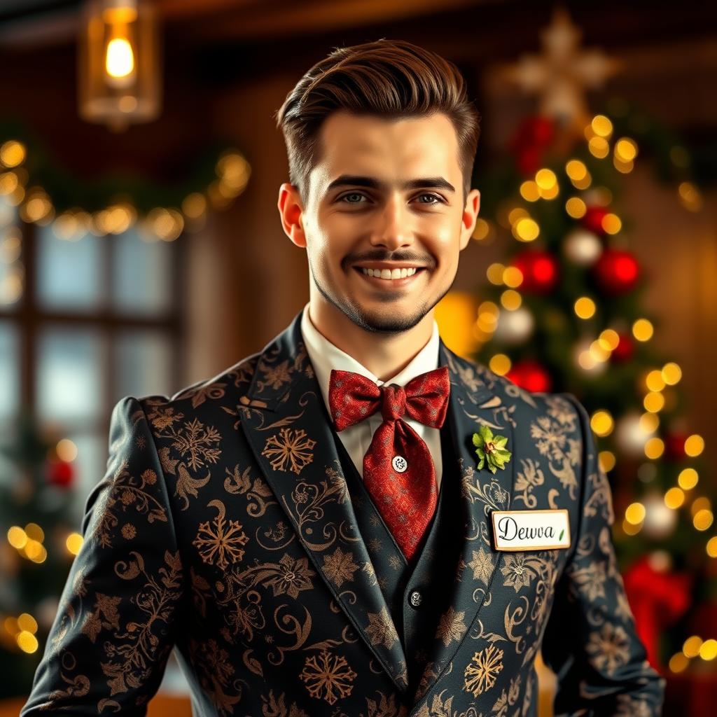 A handsome Western-style man wearing an elegant suit with a Christmas theme