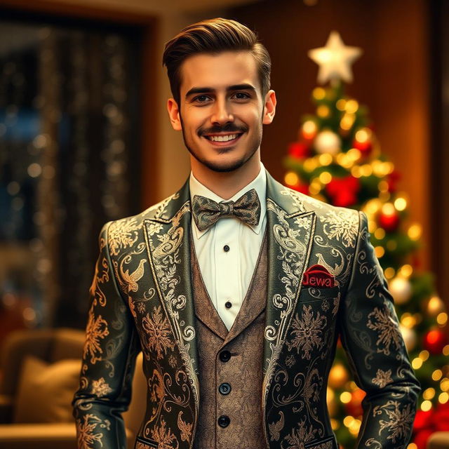 A handsome Western-style man wearing an elegant suit with a Christmas theme