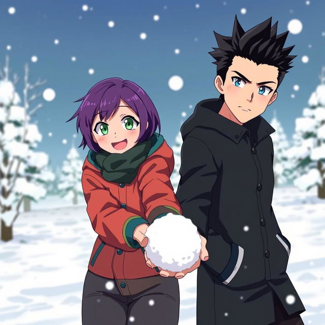 A serious man with bright blue eyes and black spiky hair is seen alongside a playful woman with short purple hair and vibrant green eyes