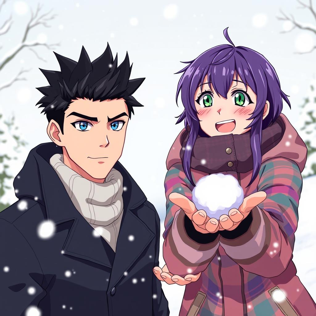 A serious man with bright blue eyes and black spiky hair is seen alongside a playful woman with short purple hair and vibrant green eyes