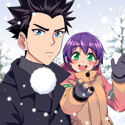 A serious man with bright blue eyes and black spiky hair is seen alongside a playful woman with short purple hair and vibrant green eyes