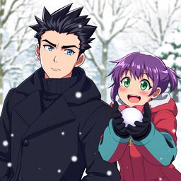 A serious man with bright blue eyes and black spiky hair is seen alongside a playful woman with short purple hair and vibrant green eyes