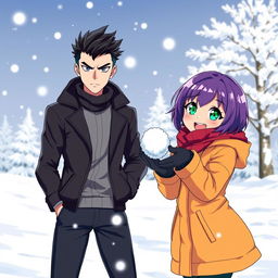 A serious man characterized by bright blue eyes and black spiky hair stands next to a playful woman with short purple hair and vibrant green eyes, both playing merrily in the snow