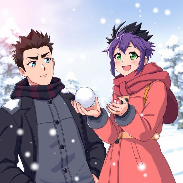 A serious man characterized by bright blue eyes and black spiky hair stands next to a playful woman with short purple hair and vibrant green eyes, both playing merrily in the snow