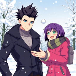 A serious man characterized by bright blue eyes and black spiky hair stands next to a playful woman with short purple hair and vibrant green eyes, both playing merrily in the snow