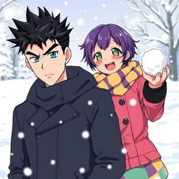 A serious man characterized by bright blue eyes and black spiky hair stands next to a playful woman with short purple hair and vibrant green eyes, both playing merrily in the snow