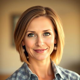A portrait of a 34-year-old woman with shoulder-length light brown hair and striking grey eyes