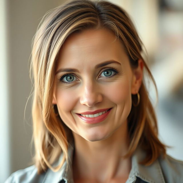 A portrait of a 34-year-old woman with shoulder-length light brown hair and striking grey eyes