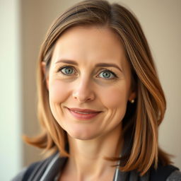 A portrait of a 34-year-old woman with shoulder-length light brown hair and striking grey eyes