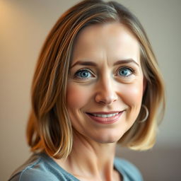 A portrait of a 34-year-old woman with shoulder-length light brown hair and striking grey eyes