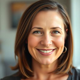 A portrait of a 34-year-old woman with shoulder-length brown hair