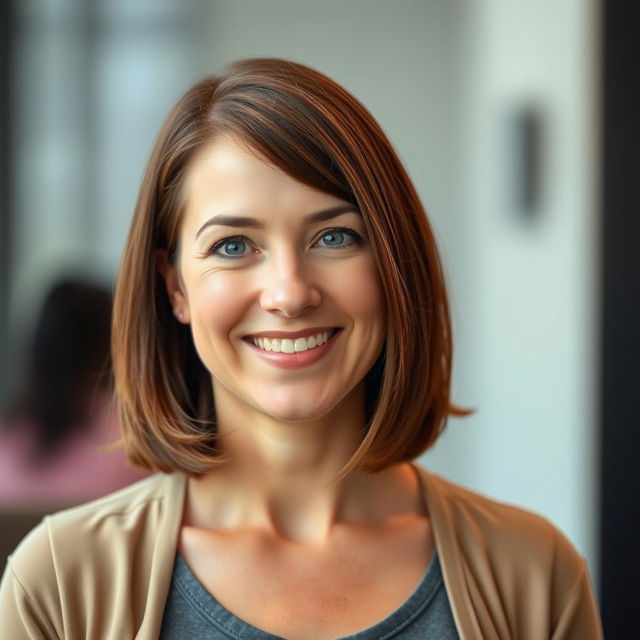 A portrait of a 34-year-old woman with shoulder-length brown hair