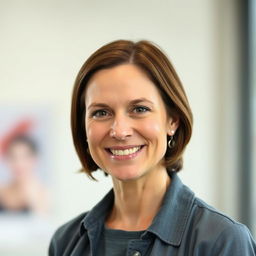 A portrait of a 34-year-old woman with shoulder-length brown hair