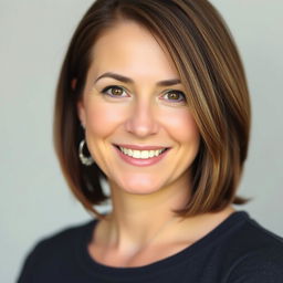 A portrait of a 34-year-old woman with shoulder-length brown hair