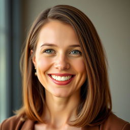 A portrait of a 32-year-old woman with shoulder-length brown hair